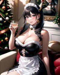 1girls ai_generated ai_mirror arm_up big_breasts blush bracelet brown_eyes brown_hair choker christmas christmas_tree earrings holding_cup long_hair looking_at_viewer maid maid_uniform picture_on_wall sitting smile sofa twintails white_skin wine_glass