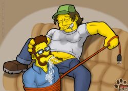 2boys baseball_cap beard blowjob blowjob_face boots brown_hair character_request closed_eyes couch cum cum_dripping_from_mouth cum_in_mouth cum_inside cum_on_shirt curly_hair drooling electrical_cord erection extension_cord facial_hair fellatio forced_oral gay giving_head glasses going_down_on hand_on_head kneeling_oral_position knob_polishing leash male_only moustache mouth_full_of_cock mouth_full_of_cum mouthful mustache one_eye_closed oral oral_sex orgasm_face oscar_(the_simpsons) pants_down penis penis_in_mouth pervert saliva slashweilerdog spread_legs springfield sucking_off sweat_stain the_simpsons tied_up white_shirt yaoi yellow_skin