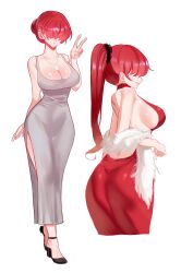 1girls absurd_res ass backless_dress breasts cleavage dan_koflove_(artist) dress female full_body grey_dress grin hair_bun hair_over_eyes halter_dress halterneck hi_res jewelry king_of_fighters large_breasts necklace peace_sign ponytail profile red_hair shermie_(kof) side_slit sideboob simple_background slit_dress smile v white_background