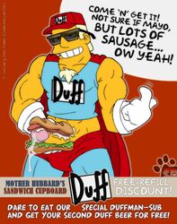 advertisement baseball_cap beer chest_tuft cum cum_on_food dripping_cum duffman erection food_on_body food_on_penis food_play foodporn male male_only mascot penis sandwiched sausage slashweilerdog solo solo_male sunglasses tank_top the_simpsons yellow_skin