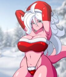 1female 1milf android android_21 android_21_(good) android_girl arc_system_works big_breasts blue_eyes christmas christmas_clothing christmas_headwear christmas_outfit cute cute_girl darwaarts dragon_ball dragon_ball_fighterz earrings female female_majin happy looking_at_viewer majin_android_21 merry_christmas midriff milf partially_clothed partially_clothed_female partially_nude pink_skin red_headwear red_outfit red_panties red_thong revealing_clothes revealing_outfit shounen_jump smiling smiling_at_viewer snow tail thong white_hair wholesome winter