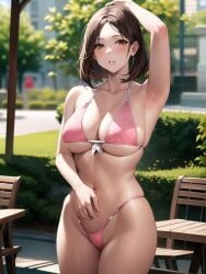 1girls ai_generated ai_mirror arm_up armpits belly_button blush brown_eyes brown_hair building bush earrings hand_behind_head hand_on_belly looking_at_viewer medium_breasts outside pink_bikini short_hair small_bikini tree white_skin wooden_chair wooden_table