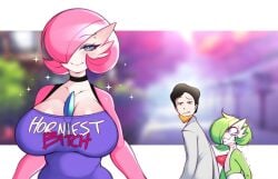 1boy 2girls angry breast_size_difference breasts distracted_boyfriend female female_pokemon gardevoir generation_3_pokemon green_hair hi_res huge_breasts male meme naughty_face nintendo pink_hair pokémon_(species) pokemon pokemon_(species) redraw saltyxodium short_hair small_breasts text_on_clothing