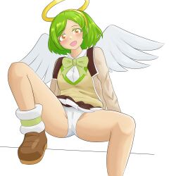 1girls angel bakudon green_hair hairband halo panties puyo_puyo puyo_puyo_quest roco_(puyo_puyo) school_uniform short_hair thick_thighs thighs wings yellow_eyes