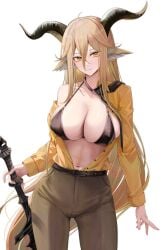 1girls 2023 animal_ears arknights big_breasts blonde_hair bra breasts degenbrecher_(arknights) goat_ears goat_girl goat_horns hi_res holding_object horns jacket jacket_open kemonomimi light-skinned_female light_skin looking_at_viewer military military_uniform ru_zhai solo standing weapon yellow_eyes