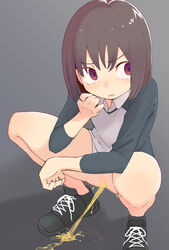 blush bottomless doremisu eyebrows_visible_through_hair female folded_leg long_sleeves looking_away no_panties no_pants original peeing shoelaces shoes shoes_without_bottomwear simple_background sneakers sneakers_without_bottomwear solo spread_legs squatting