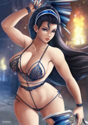 1girls 2d big_breasts black_eyes black_hair blue_lingerie bra breasts cleavage female female_only flowerxl kitana large_breasts light-skinned_female lingerie long_hair looking_at_viewer mortal_kombat panties small_panties solo thick_thighs toned toned_female video_game_character wide_hips