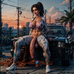 1futa ai_generated balls big_balls big_breasts big_penis big_testicles camouflage car circumcised dickgirl flaccid flaccid_penis futa_only futanari grand_theft_auto_vi highres huge_balls huge_cock large_balls large_breasts large_penis latina legs_apart low_hanging_balls lucia_(gta) pants penis self_upload sitting sunset sydlorem thick_penis thick_thighs uncensored veiny_penis veiny_testicles