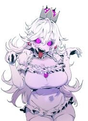 absurdres black_sclera boosette breasts cleavage collar crown dda_ri dress female frilled_collar frills ghost gloves hair_between_eyes highres jewelry large_breasts long_hair looking_at_viewer mario_(series) new_super_mario_bros._u_deluxe nintendo open_mouth pink_eyes sharp_teeth short_sleeves simple_background super_crown teeth thighhighs tongue tongue_out white_background white_dress white_gloves white_hair