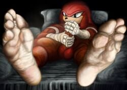 5_toes absurd_res balls countershading echidna feet foot_focus genitals hi_res humanoid_feet humanoid_genitalia knuckles_the_echidna male mammal monotreme mroleoso muscular muscular_male paws penis plantigrade red_body sega soles solo sonic_(series) sonic_boom sonic_the_hedgehog_(series) toes