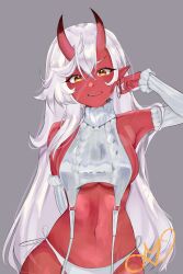 akumi breasts female horns oni oni_horns red_skin scars virtual_youtuber vyugen white_hair yellow_eyes