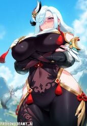 1girls ai_generated arms_under_breasts bodysuit creamy_ai crossed_arms from_below genshin_impact grey_hair hi_res huge_breasts long_hair patreon_username scowl shenhe_(genshin_impact) solo stable_diffusion thiccwithaq_(ai_style) thick_thighs