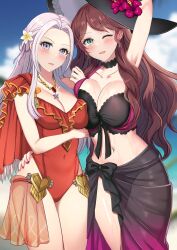 2girls :d ;d accessory alternate_costume arm_around_waist arm_behind_head arm_under_breasts armpits asymmetrical_docking bare_arms bare_midriff bare_shoulders bare_thighs beach bikini black_bikini black_swimsuit blush breast_press breasts brown_hair choker cleavage collarbone covered_navel dorothea_arnault dorothea_arnault_(summer) earrings edelgard_von_hresvelg edelgard_von_hresvelg_(summer) female female_only fire_emblem fire_emblem:_three_houses fire_emblem_heroes flower green_eyes grey_hair hair_flower hat hat_flower large_breasts long_hair looking_at_viewer medium_breasts midriff multiple_girls nail_polish navel necklace nintendo ocean official_alternate_costume one-piece_swimsuit one_eye_closed outdoors purple_eyes purple_nails red_one-piece_swimsuit red_swimsuit sand sarong see-through shoulders smile standing sun_hat sweat sweatdrop swimsuit tara_(szzj7733) thighs very_long_hair water wavy_hair wink