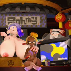 2girls 3d 3d_(artwork) big_ass big_breasts big_man_(splatoon) bigger_female bottomwear breasts_bigger_than_head casual casual_nudity female frye_(splatoon) frye_onaga huge_ass huge_breasts hyper_breasts lagami nintendo nude public public_nudity shiver_(splatoon) shiver_hohojiro splatoon splatoon_3 topless