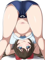 1girls :p arms_behind_head belly bent_forward bent_over cameltoe denim_shorts female female_only flexible hanging_breasts love_live! love_live!_nijigasaki_high_school_idol_club medium_breasts ousaka_shizuku short_sleeves solo t-shirt teasing thighs upshirt upside-down white_t-shirt