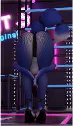 anthro bent_over blender_(software) blue_body breasts claws clothing curvy_figure fake_ears fake_rabbit_ears female fishnet fishnet_legwear footwear high_heels legwear playboy_bunny praise_da_booty_(meme) solo thick_thighs voluptuous white_claws yujian