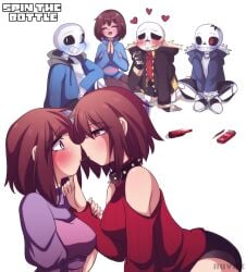 0_0 2d 3boys 3girls artist_name blush brown_hair chin_grab closed_eyes collar frisk frisk_au girls_playing_games hearts_around_head highres horrortale horrortale_sans human human_female jacket ketchup_bottle knee_up looking_at_partner medium_breasts nuvex pink_slippers pocky pocky_in_mouth pocky_kiss purple_eyes purple_sweater red_eyes red_sweater sans sans_au short_hair shorts sitting skeleton spiked_collar spikes spin_the_bottle striped_sweater sweat sweater tagme tights underfell underfell_frisk underfell_sans undertale undertale_(series) undertale_au undertale_fanfiction white_background yuri