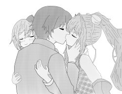 1boy 2girls almost_wholesome cheating_boyfriend cuckquean doki_doki_literature_club flat_colors funny halftone hugging kissing making_out mc_(doki_doki_literature_club!) monika_(doki_doki_literature_club) monochrome sayori_(doki_doki_literature_club) unepicroachy_(leepicmochi) upper_body