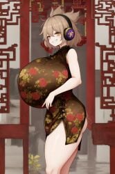 1girls ai_generated alternate_costume ass breasts breasts_bigger_than_head brown_dress china_dress chinese_clothes chinese_dress confident earmuffs exposed_ass female female_focus female_only from_side gigantic_breasts grin grinning grinning_at_viewer hair_between_eyes large_breasts light_brown_hair looking_at_viewer open_mouth qipao short_hair smile smiling smiling_at_viewer solo solo_female solo_focus standing teeth teeth_showing thick_thighs thighs touhou toyosatomimi_no_miko yellow_eyes