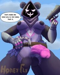 absurd_res anthro balls breasts dialogue epic_games erection first_person_view fortnite fur futanari genitals gun herm hi_res holding_gun holding_object holding_weapon honeyfly human humanoid_genitalia humanoid_penis humiliation intersex looking_at_viewer loom low-angle_view mammal mocking navel nipples nude penis penis_towards_viewer pov_crotch ranged_weapon raven_team_leader simple_background smile solo source_request teasing_viewer text towering vein veiny_penis weapon