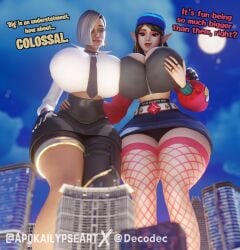 2girls 3d 3d_(artwork) 3d_model antonia_(fortnite) big_breasts breast_expansion breasts curvy decodec expansion fortnite fortnite:_battle_royale giantess huge_breasts paladins street_style_ying thick_thighs thighs ying_(paladins)