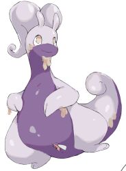 antennae_(anatomy) anus blush countershading female feral generation_6_pokemon genitals goodra looking_up nintendo pokemon pokemon_(species) purple_body pussy semi-anthro simple_background slightly_chubby slightly_chubby_female slime smile solo spread_pussy spreading tail umixign white_background