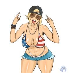 1girls 2020s 2023 abs absurd_res adult adult_female adult_girl american_flag_bikini armpit_hair armpits artist_name backwards_baseball_cap backwards_cap big_breasts bikini black_headwear blonde_hair blue_bottomwear blue_eyes blue_waffle breasts brown-tinted_eyewear cameltoe cap curvy denim_shorts devil_horns_(gesture) female female_focus female_only freckles freckles_on_face grand_theft_auto grand_theft_auto_vi gta_pedestrians hairy hairy_armpits hairy_pussy happy hi_res jean_shorts large_breasts light-skinned_female light_skin long_hair long_hair_female looking_at_viewer mud_girl_(gta_vi) necklace npc open_mouth pubic_hair redneck redneck_girl rockstar_games shorts signature simple_background smile snapback solo solo_female solo_focus strong_tomboy_(spectrum) sunglasses teeth tinted_eyewear tomboy tongue tongue_out video_game_franchise voluptuous watermark western_art white_background wide_hips wristband