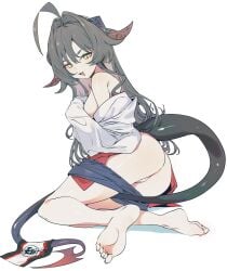 absurdres ahoge ass barefoot black_hair black_horns black_shorts black_tail blue_archive breasts coat cute_fang dda_ri demon_horns female female hair_intakes highres horns kasumi_(blue_archive) lab_coat long_hair medium_breasts red_shirt shirt shirt_tucked_in shorts simple_background solo white_background white_coat yellow_eyes