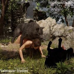 3d breeding_mount canine canine_penis completely_nude_female feral_on_female gangbang highres interspecies knot lara_croft lara_croft_(survivor) mounted mounted_for_sex mounted_from_behind nature nude_female outdoors tomb_raider valanquarstudios wolf zoophilia