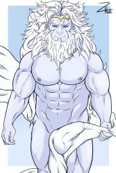 balls bara beard boner erection erection_under_clothes facial_hair fate/grand_order fate_(series) long_hair male male_only muscles muscular penis solo solo_male white_body white_hair white_skin zeus_(fate) zhat