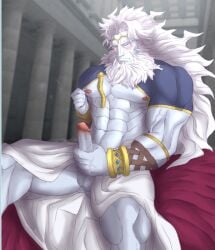 abeberries balls bara beard blush boner closed_eyes clothing erection facial_hair fate/grand_order fate_(series) long_hair male male_only masturbation muscles muscular penis solo solo_male white_body white_hair white_skin zeus_(fate)