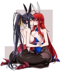 2girls :o absurdres ahoge akeno_himejima animal_ears aqua_eyes ass asymmetrical_docking back bare_shoulders black_hair blue_bow blue_bowtie blue_footwear blue_leotard blush bow bowtie breast_press breasts brown_pantyhose bunny_ears bunny_girl bunnysuit cleavage crossed_bangs curvy detached_collar dogs_(dlrkdejr26) fake_animal_ears female_focus fishnet_pantyhose fishnets full_body hair_between_eyes hair_ribbon hairband high_heels high_ponytail high_school_dxd highleg highleg_leotard highres holding_hands imminent_kiss large_breasts leotard long_hair looking_at_viewer multiple_girls pantyhose parted_lips playboy_bunny rabbit_ears rabbit_tail red_eyes red_footwear red_hair red_leotard rias_gremory ribbon sideboob sitting strapless strapless_leotard tail thick_thighs thighs thong thong_leotard very_long_hair wariza yellow_ribbon yuri