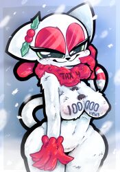 anthro belly blush breasts candy candy_cane cane cat_ears cat_girl cat_tail feline female junipurr milestone_celebration peppermint_cat scarf tail thank_you thanking