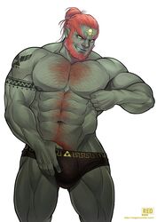 1boy bara black_underwear boss_monster bulge chest chest_tuft flaccid ganondorf green_skin human male male_only muscles muscular nintendo pinching_nipples red red_hair redgart six_pack solo solo_male super_smash_bros. tattoo the_legend_of_zelda twilight_princess underwear video_games