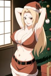 adapted_costume ai_generated armpits arms_behind_head arms_up artist_name big_breasts blonde_hair breasts brown_eyes christmas christmas_clothing christmas_headwear christmas_outfit cleavage crop_top erect_nipples hat headwear huge_breasts indoors koikoi large_breasts lipstick long_hair makeup mature mature_female mature_woman midriff milf naruto naruto_(series) naruto_shippuden nipple_bulge nipples patreon_username pokies puffy_nipples revealing_clothes sagging_breasts santa_hat skirt smile text tsunade url voluptuous voluptuous_female watermark web_address