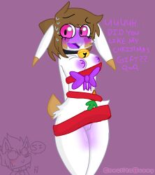 anthro blush blushing brown_hair bunny bunny_ears bunny_girl bunny_humanoid bunny_tail canela_(canelitabunny) canelitabunny canine canine_humanoid carrot christmas christmas_gift dog dog_collar dog_ears dog_humanoid english_text furry nervous nipples pink_eyes purple_blush purple_nipples purple_tongue qwq rabbit rabbit_ears rabbit_girl rabbit_humanoid rabbit_tail spanish_text white_fur