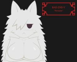 1girls animal_ears arms_crossed bad_end big_breasts black_eyes blush breasts cat_ears crab_face crossed_arms female fluffy fluffy_ears fluffy_hair front_view funamusea fur furrification furry hair hair_over_one_eye humanoid large_breasts looking_at_viewer mob_face moffuru_(species) mogeko mogeko_castle nude simple_background solo text white_skin yonaka_kurai