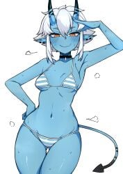 1girls blue_body blue_skin demon demon_girl female female_only horns latd oni oni_female oni_horns orange_eyes panties pointy_ears shimapan short_hair soukaku striped_bra striped_panties tail underwear white_hair zenless_zone_zero