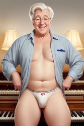 ai_generated bara bara_tits belly chubby daddy gay glasses gordon_the_organist lamp older_male open_shirt organist panties pipe_organ smiling stable_diffusion underpants underwear white_hair