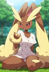 ai_generated anthro blush breasts dark_skin day dress female full_body furry gen_4_pokemon grass kneeling long_hair looking_at_viewer lopunny nature nintendo no_humans panties pantyshot paws pink_eyes pokemon pokemon_(species) purple_eyes sitting sky smile solo tree underwear very_long_hair wariza white_dress white_panties