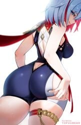 ass ass_focus ass_grab bare_shoulders blue_eyes blush breasts butt_crack cameltoe come_hither deep_skin female from_behind from_below honkai:_star_rail honkai_(series) huge_ass large_breasts leotard looking_at_viewer looking_back looking_down medium_breasts multicolored_hair naughty_face red_hair scarf short_hair short_shorts shorts sideboob smile solo thick_thighs thigh_strap thighs tofuubear topaz_(honkai:_star_rail) two-tone_hair white_hair