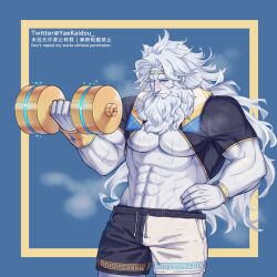 bara beard dumbbell exercise facial_hair fate/grand_order fate_(series) long_hair male male_only muscles muscular one_eye_closed shorts solo solo_male sweat sweating weightlifting white_body white_hair white_skin yaekaidou zeus_(fate)