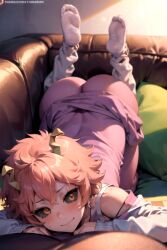 ai_generated aiposter ass butt_crack couch feet horns long_sleeves looking_at_viewer mina_ashido my_hero_academia on_couch pink_hair smirk socks sweatpants yellow_eyes