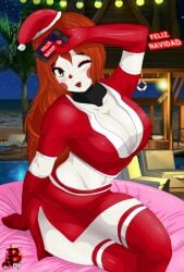 baby_(fnafsl) big_breasts bladgf christmas circus_baby circus_baby_(fnaf) cleavage five_nights_at_freddy's fnaf gloves green_eyes leggings lipstick long_hair red_gloves red_lipstick sister_location white_skin wink winking winking_at_viewer