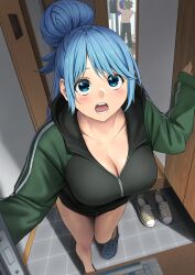 1boy 1girls after_sex answering_door aqua_(konosuba) bare_legs blue_eyes blue_hair borrowed_clothes breasts casual cleavage collarbone contemporary crocs doorway female female_focus hair_bun highres izawa_(bhive003) jacket kono_subarashii_sekai_ni_shukufuku_wo! large_breasts laundry laundry_basket looking_at_viewer male no_pants no_shirt partially_unzipped pov_doorway satou_kazuma shirt single_hair_bun topless_male track_jacket white_shirt