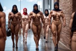 abs absurd_res ai_generated biceps breasts broad_shoulders casual_nudity city dark-skinned_female dark_nipples female female_only hijab islam knoworai light-skinned_female multiple_girls muscular muscular_female muslim muslim_female naked naked_female night pubic_hair purse realistic shoes_only stable_diffusion thighs walking