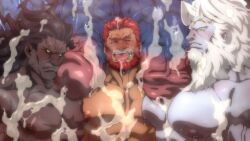 balls bara beard big_penis blush boner cum cum_on_body diphallia diphallism erection facial_hair fate/grand_order fate_(series) gay heracles_(fate) huge_cock iskandar_(fate) ivan_the_terrible_(fate) konohanaya long_hair male male_only medial_ring multi_penis muscles muscular nude penis red_hair tongue_out white_body white_hair white_skin zeus_(fate)