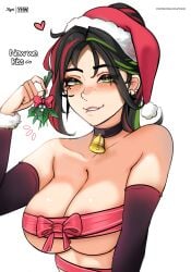 1girls almost_naked bell_collar big_breasts biting_lip christmas christmas_hat christmas_outfit fortnite green_eyes helsie_(fortnite) looking_at_viewer mistletoe myst ribbon solo solo_female winterfest xmas yhw