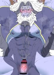 armpit_sweat arms_up balls bara beard blush boner cum erection facial_hair fate/grand_order fate_(series) k_ei3k long_hair male male_only muscles muscular orgasm penis penis_tattoo sweat_stain tears white_body white_hair white_skin zeus_(fate)