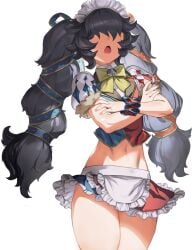 1girls apron black_hair bow bowtie crossed_arms female female_focus frills fur_trim hair_over_eyes maid_headdress midriff navel open_mouth puffy_short_sleeves puffy_sleeves short_sleeves simple_background solo soosaresu twintails white_background wrist_cuffs